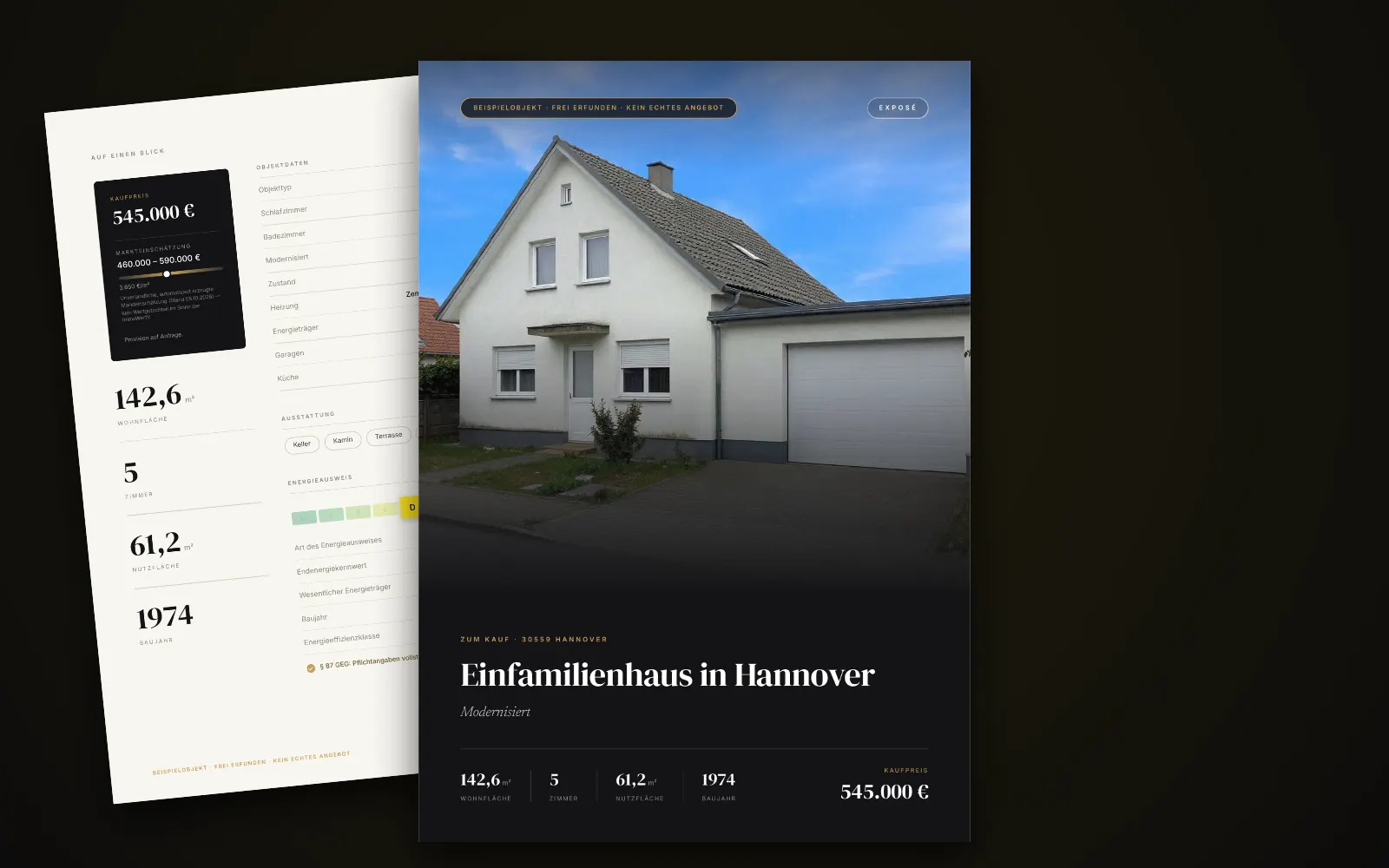 Exposé des Beispielobjekts in Hannover: Titelseite mit Foto, Titel und Kaufpreis, dahinter zwei weitere Seiten